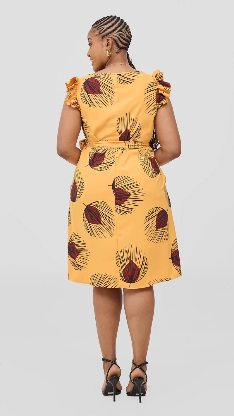 Vivo Nasinka A-Line Knee Length Dress - Mustard / Dark Red Fani Print