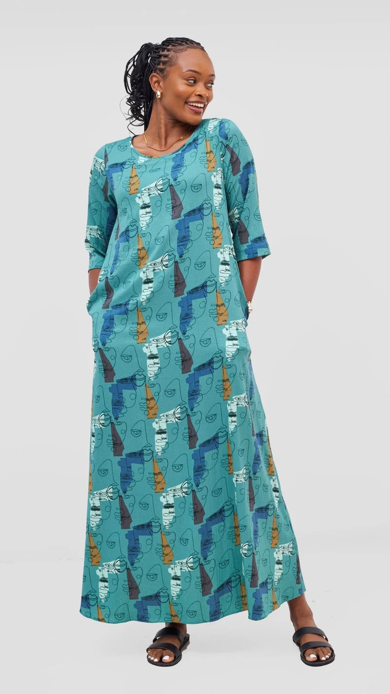 Vivo Maisha 3/4 Sleeve Maxi Dress - Teal Mural Print