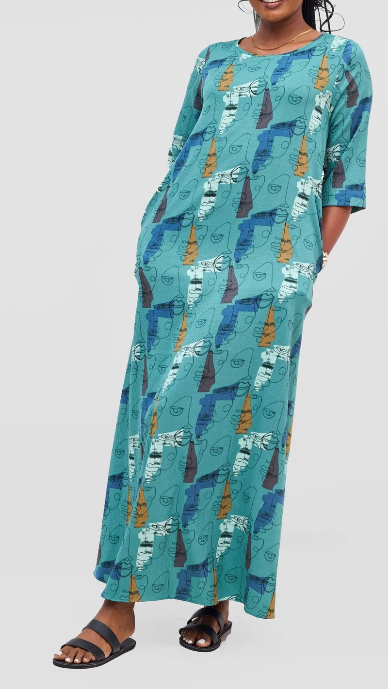 Vivo Maisha 3/4 Sleeve Maxi Dress - Teal Mural Print