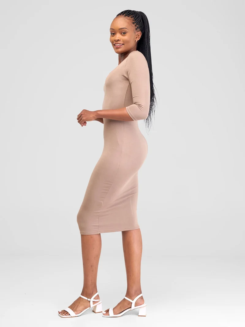 Vivo Basic 3/4 Sleeve Leila Bodycon Dress - Light Taupe