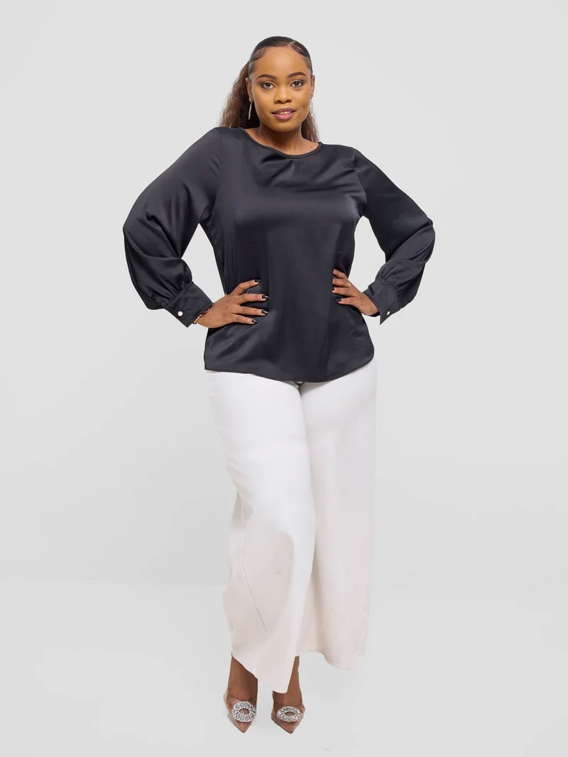 Vivo Tatili Satin Bishop Long Sleeve Top - Black Textured
