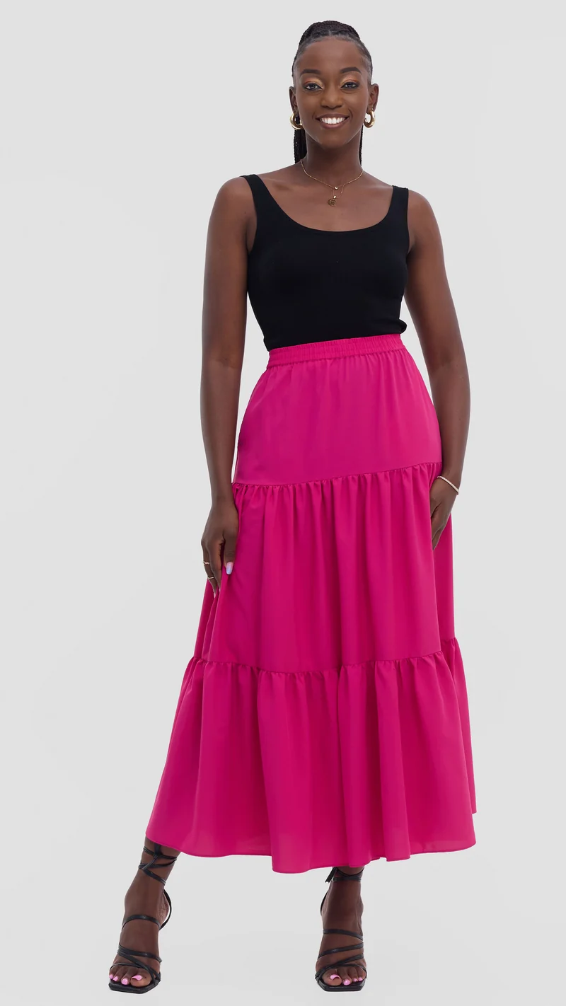 Vivo Liora Tiered Maxi Skirt in Crepe - Fuschia