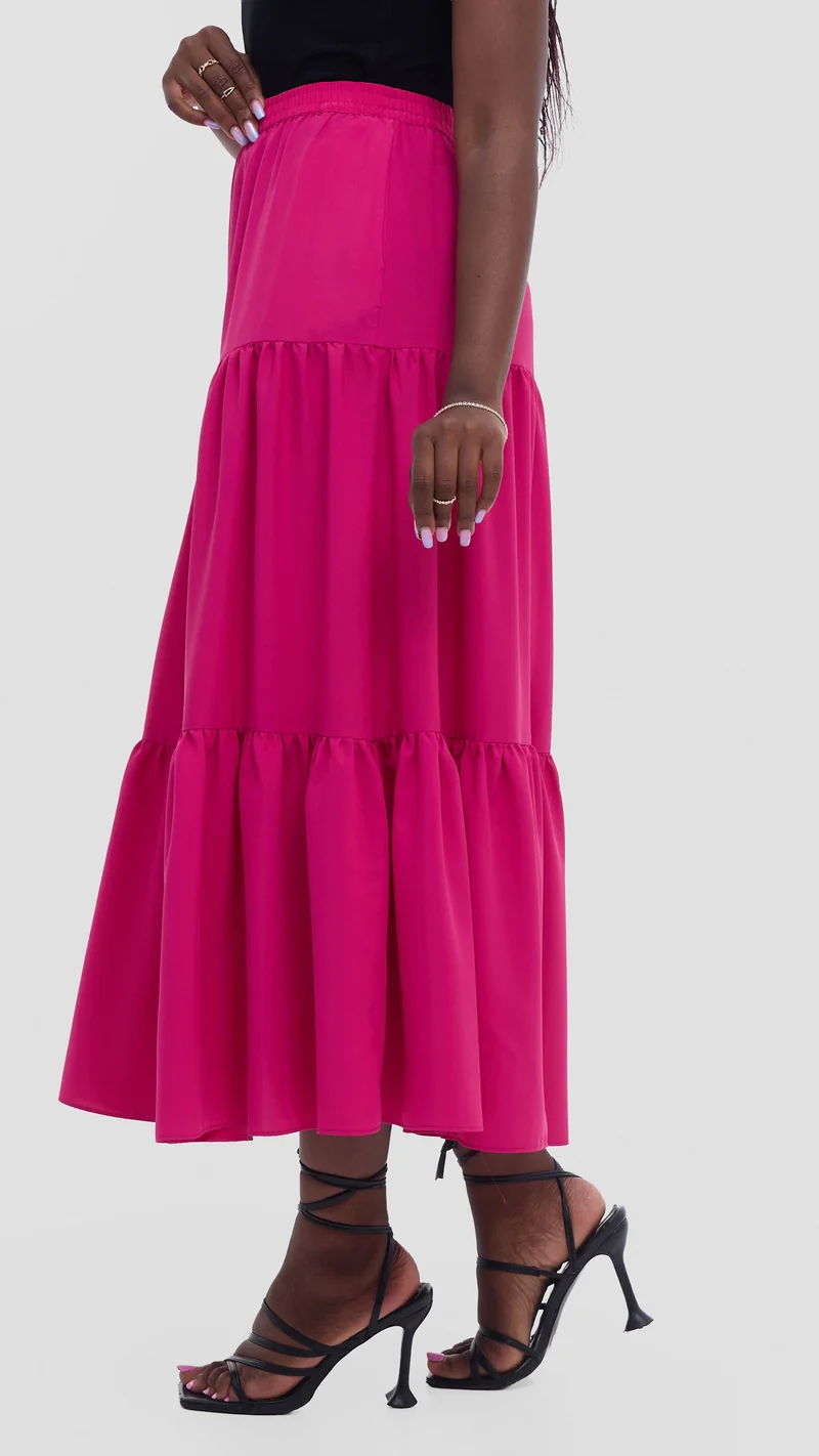 Vivo Liora Tiered Maxi Skirt in Crepe - Fuschia