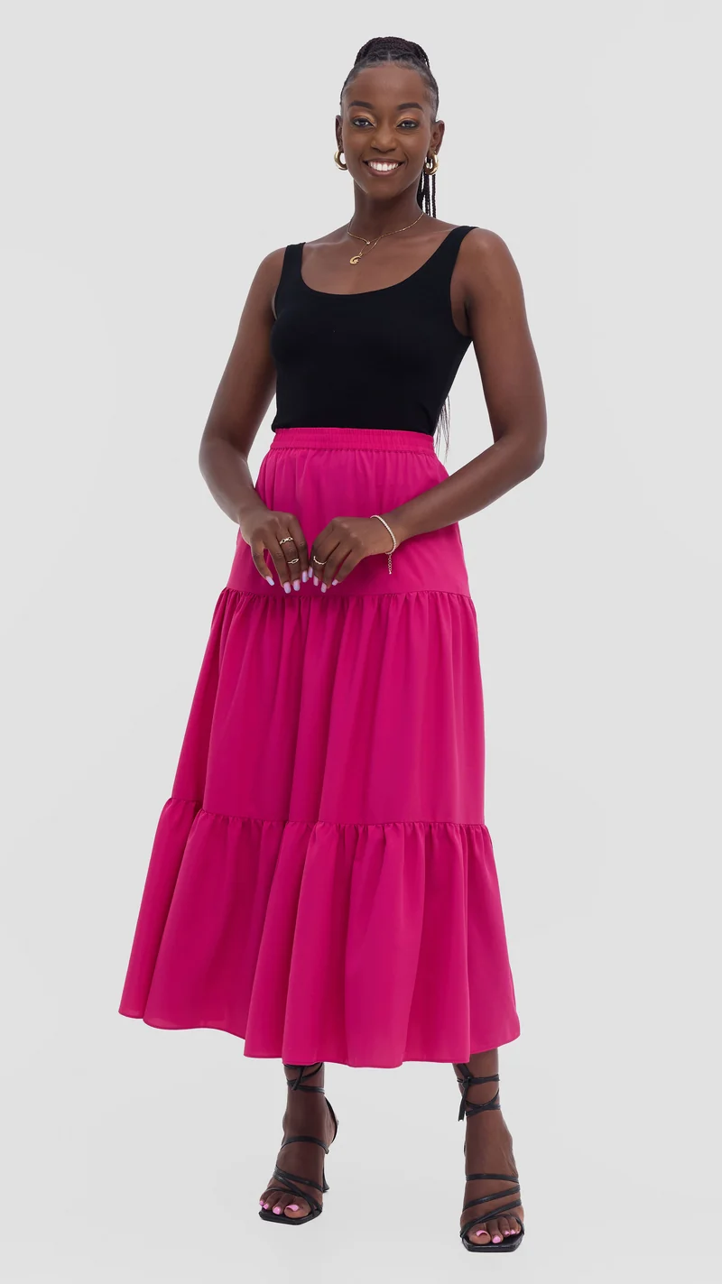 Vivo Liora Tiered Maxi Skirt in Crepe - Fuschia