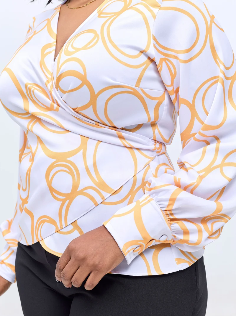 Vivo Merika Satin Wrap Top - White / Mustard Nito Print