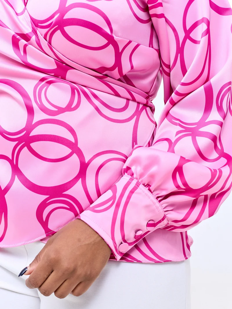 Vivo Merika Satin Wrap Top - Rose Pink / Fuschia Nito Print