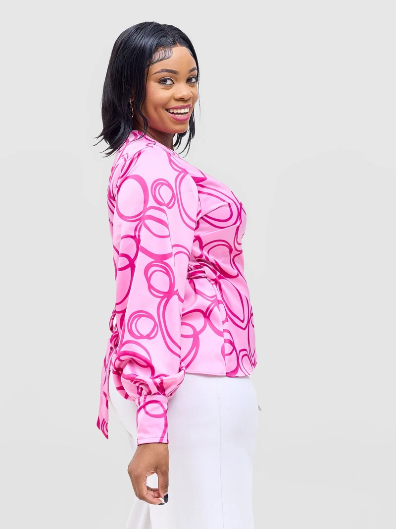 Vivo Merika Satin Wrap Top - Rose Pink / Fuschia Nito Print