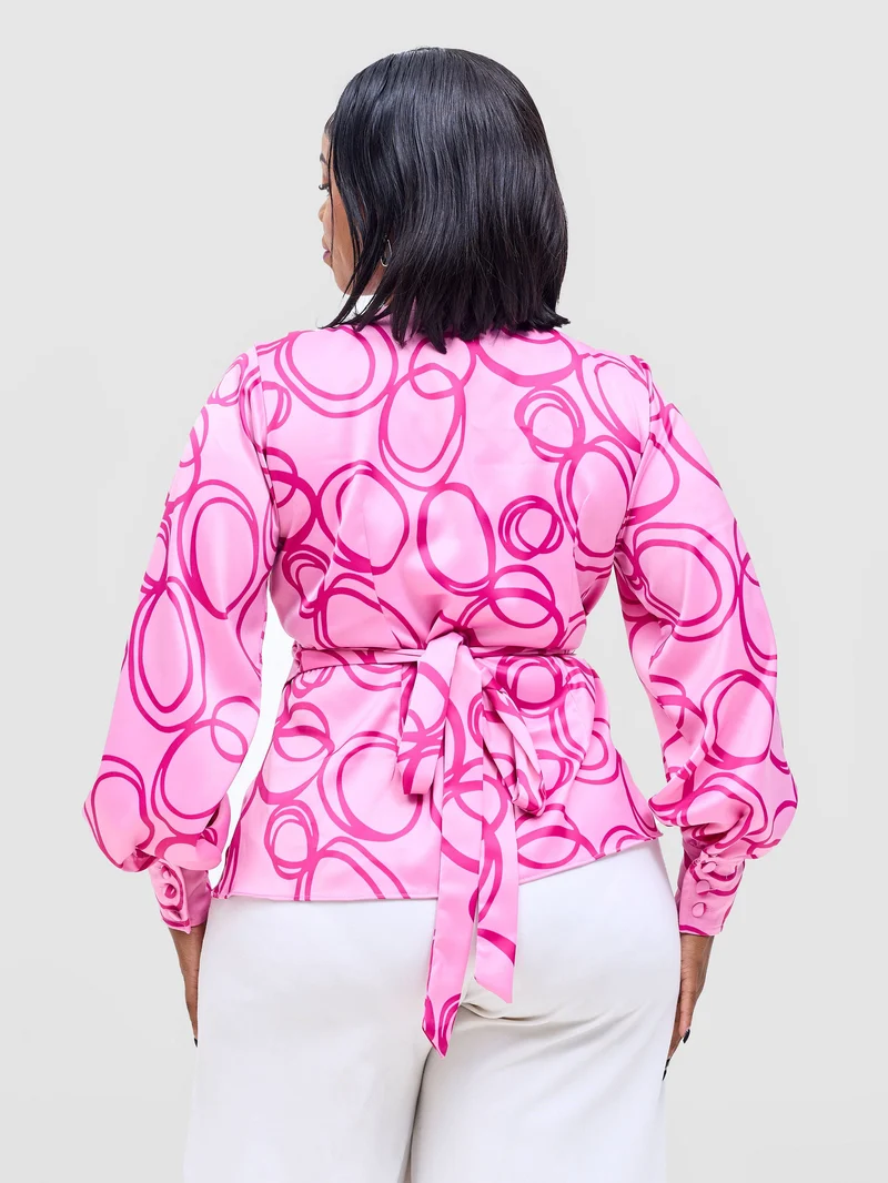 Vivo Merika Satin Wrap Top - Rose Pink / Fuschia Nito Print