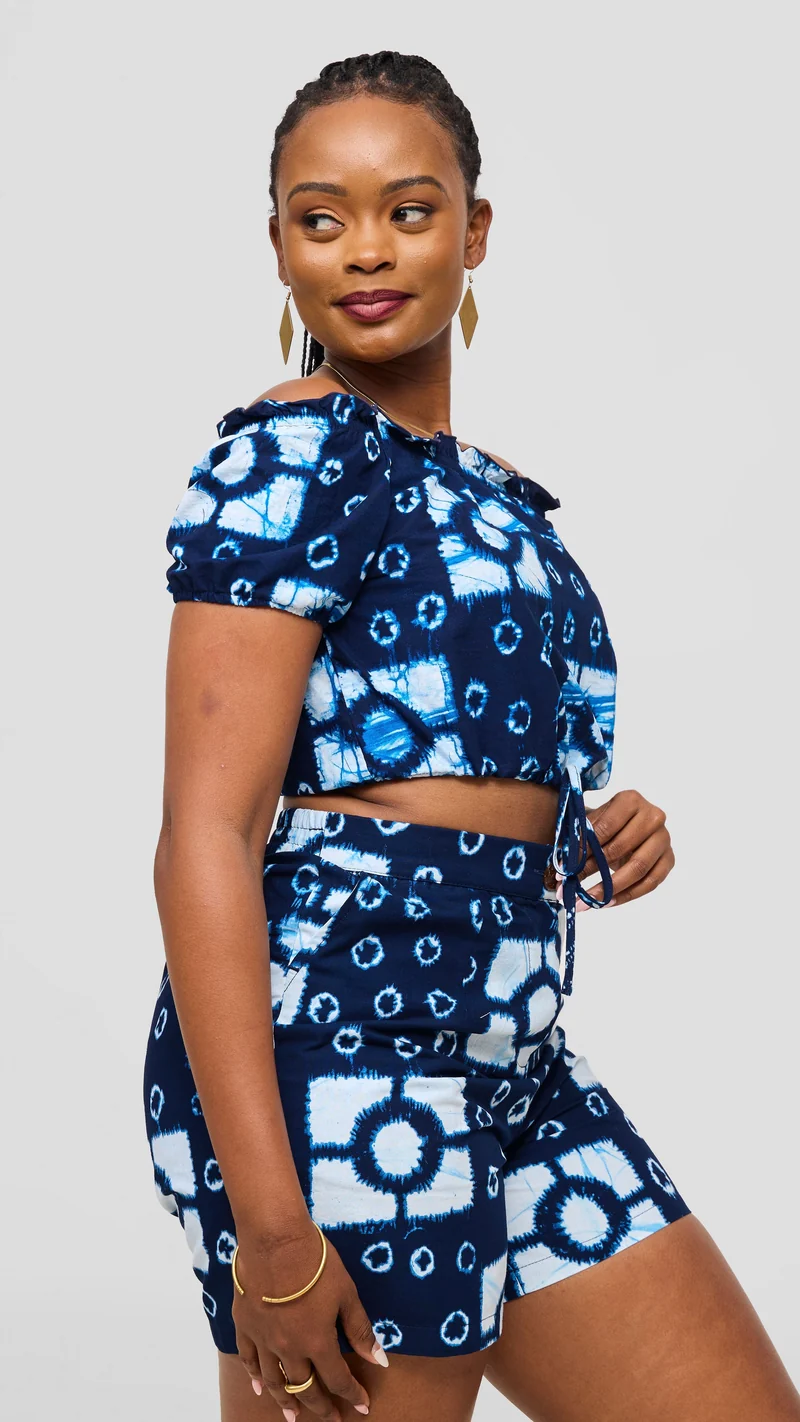Safari Tafari Off Shoulder Crop Top - Light Blue Asili Print