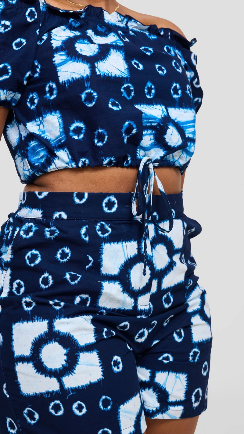 Safari Tafari Off Shoulder Crop Top - Light Blue Asili Print