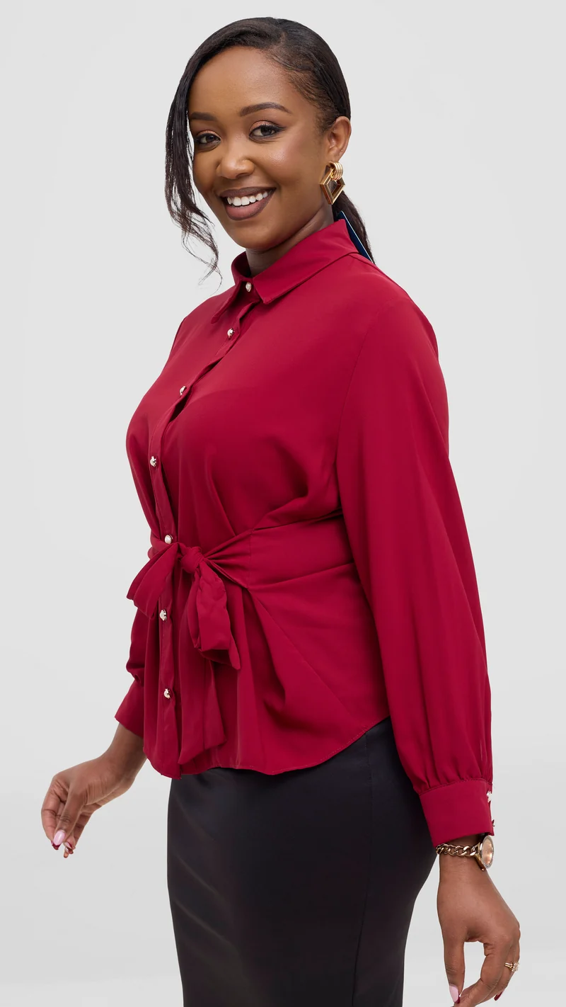 The Fashion Frenzy Front Belt Blouse - Maroon
