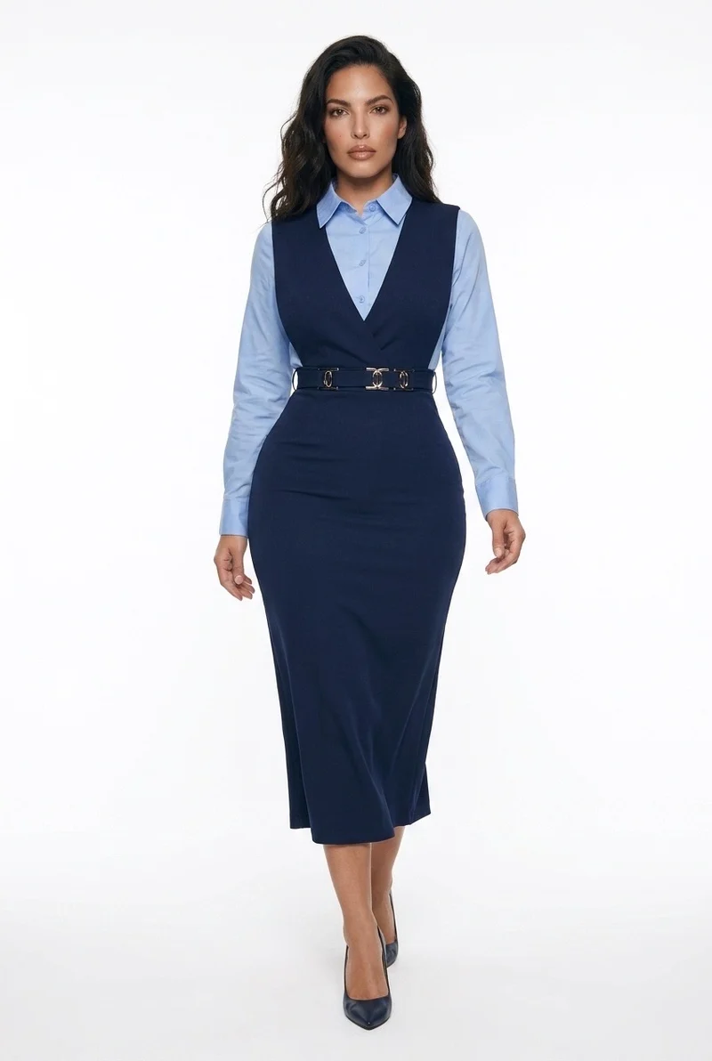 Stylish Sisters Elegant Tailored Bodycon Dress With a Shirt - Navy Blue
