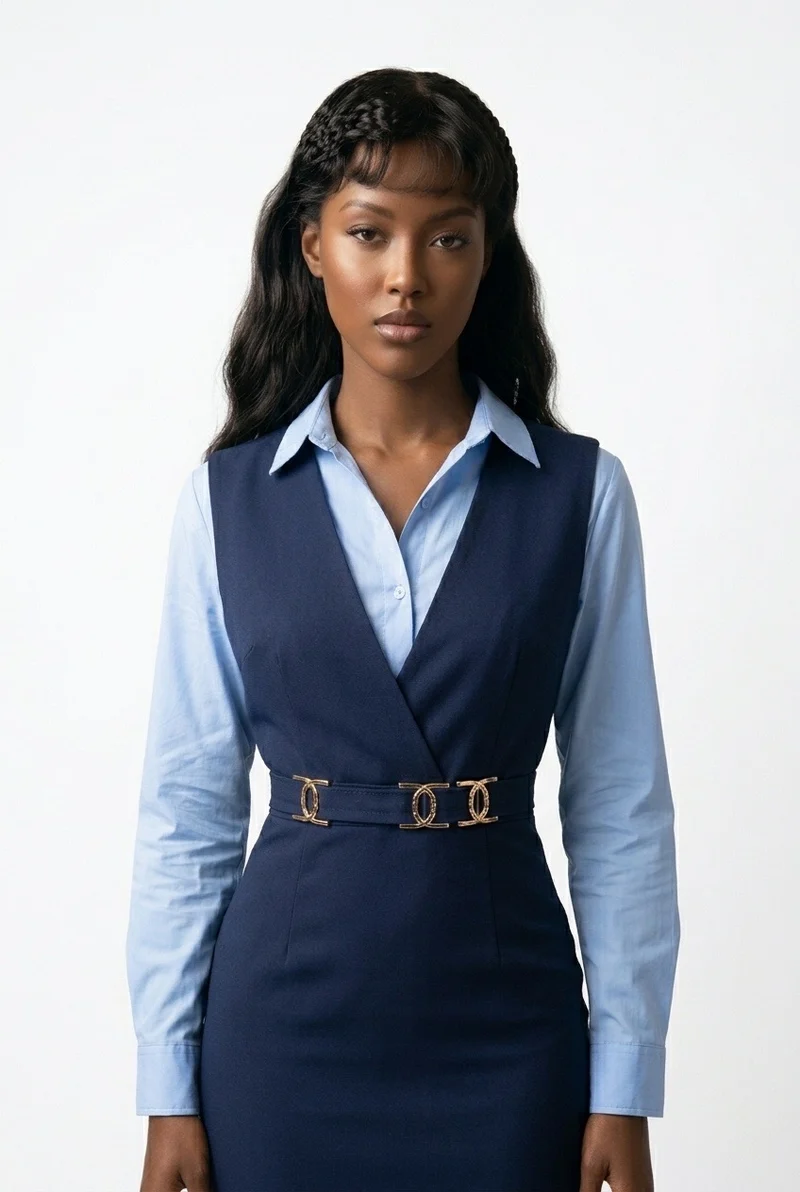 Stylish Sisters Elegant Tailored Bodycon Dress With a Shirt - Navy Blue