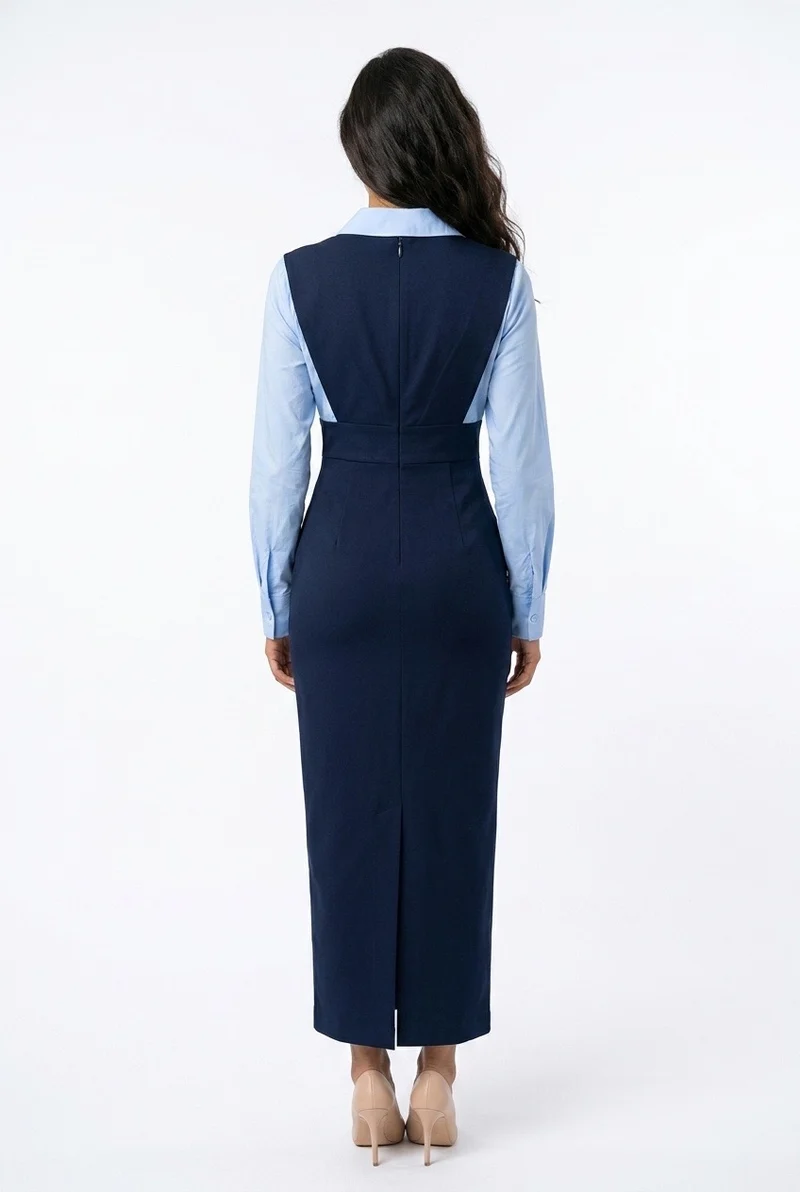 Stylish Sisters Elegant Tailored Bodycon Dress With a Shirt - Navy Blue