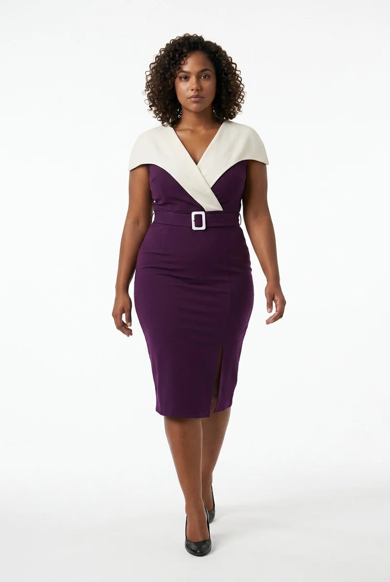 Stylish Sisters V-Neck Belted Midi Pencil Dress - Purple / White