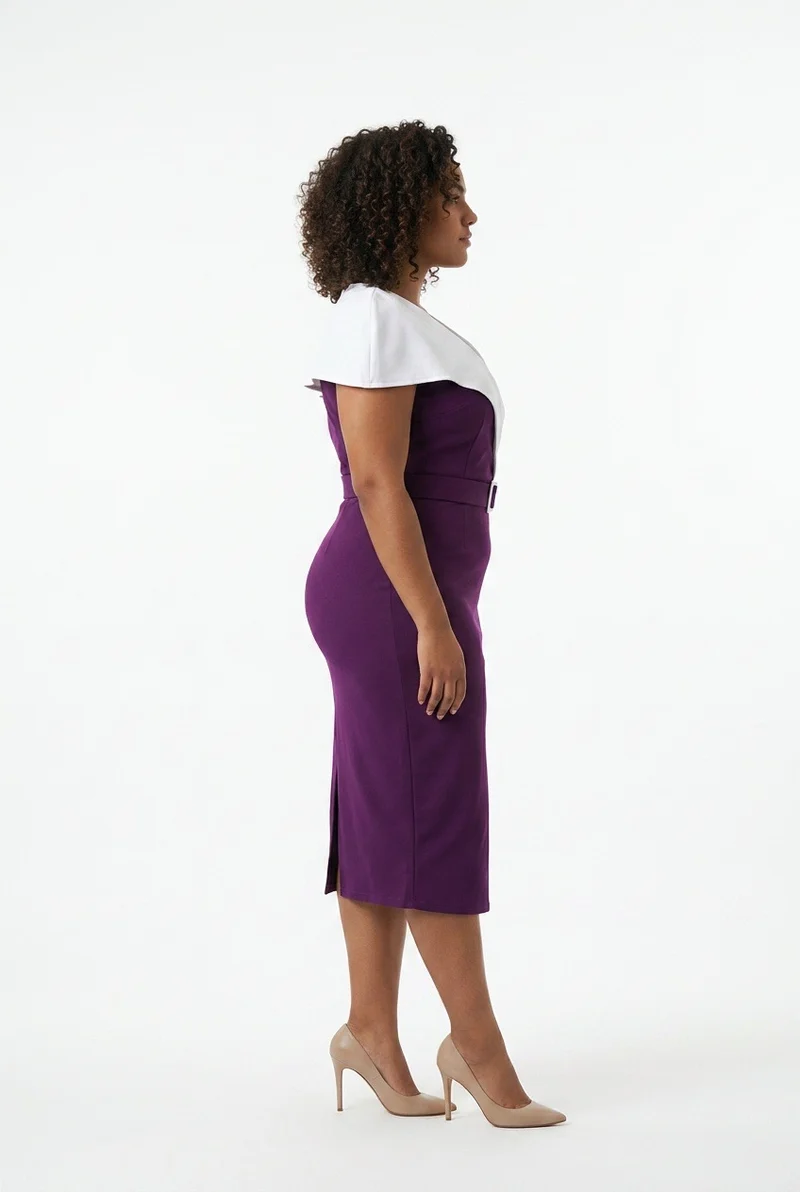 Stylish Sisters V-Neck Belted Midi Pencil Dress - Purple / White