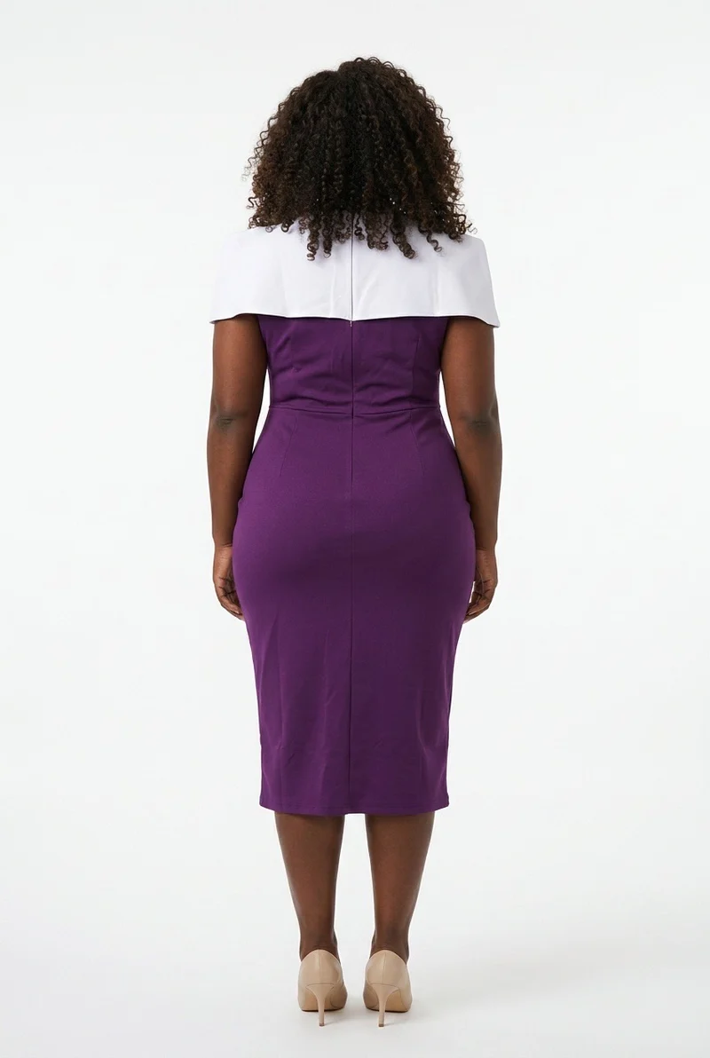 Stylish Sisters V-Neck Belted Midi Pencil Dress - Purple / White