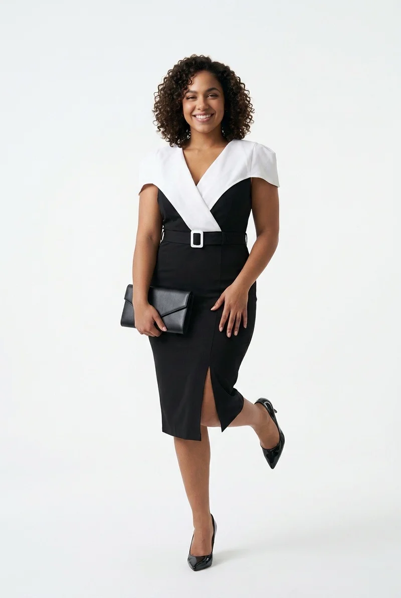 Stylish Sisters Monochrome V-Neck Belted Midi Pencil Dress - Black & White