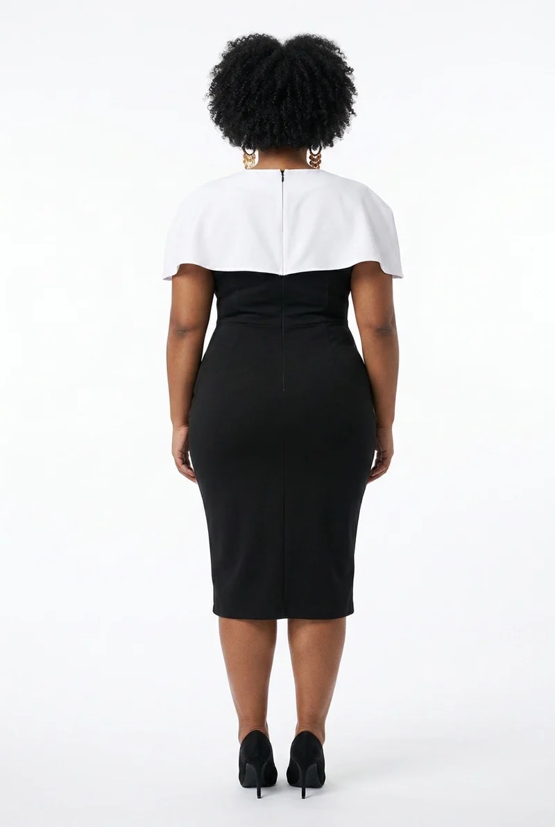 Stylish Sisters Monochrome V-Neck Belted Midi Pencil Dress - Black & White