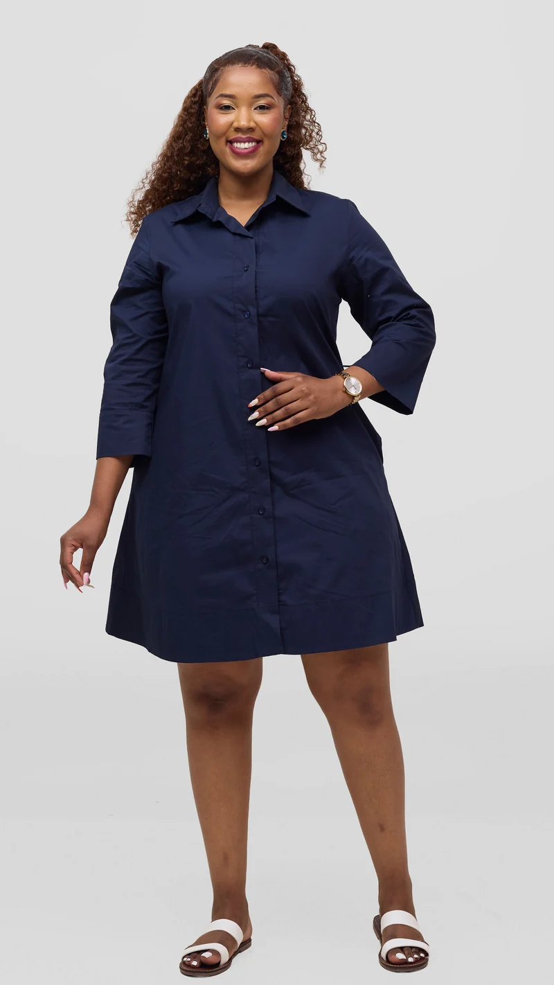 Vivo Lulu Wide Hem Tent Dress In Cotton - Navy