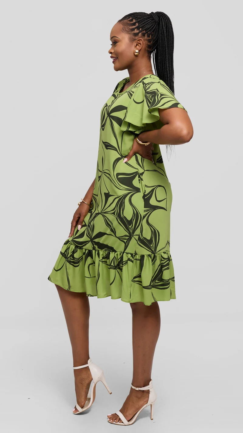 Vivo Dalia Flounce Sleeve Knee Length Dress in Chiffon - Light Green / Hunters Arah Print