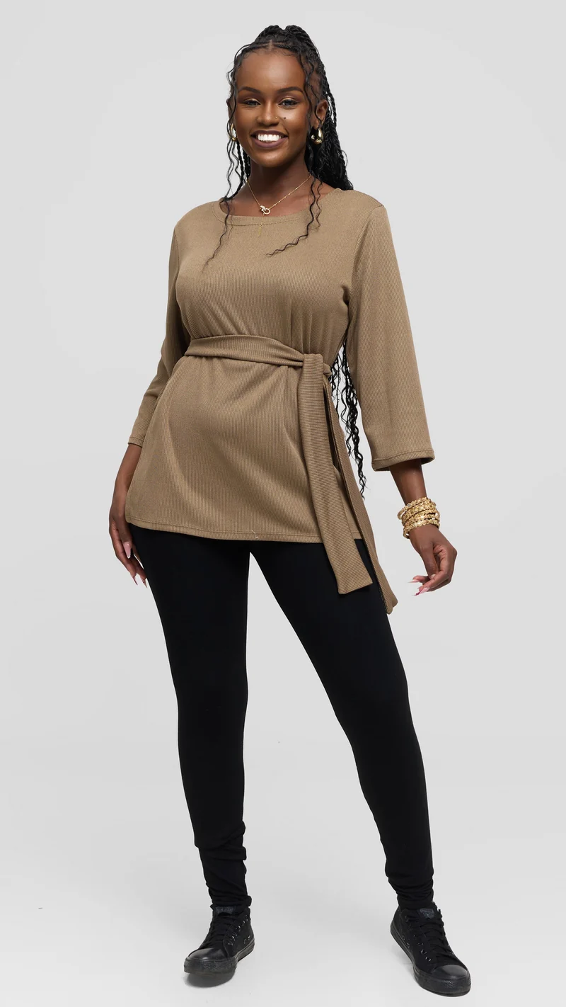 Vivo Rema 3/4 Sleeve Side Slit Tunic Top in Rib- Taupe