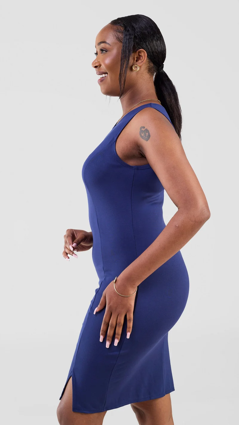Vivo Lena Front Slit Knee Length Dress - Navy