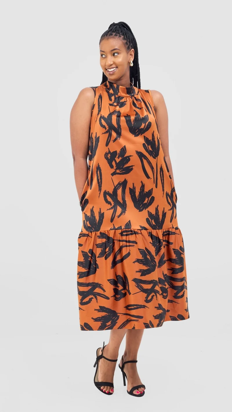 Vivo Takali Frilled Midi Dress - Rust / Black Ela Print