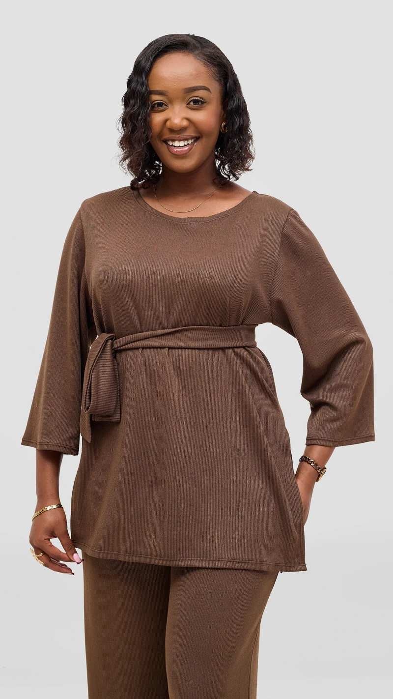 Vivo Rema 3/4 Sleeve Side Slit Tunic Top in Rib - Brown