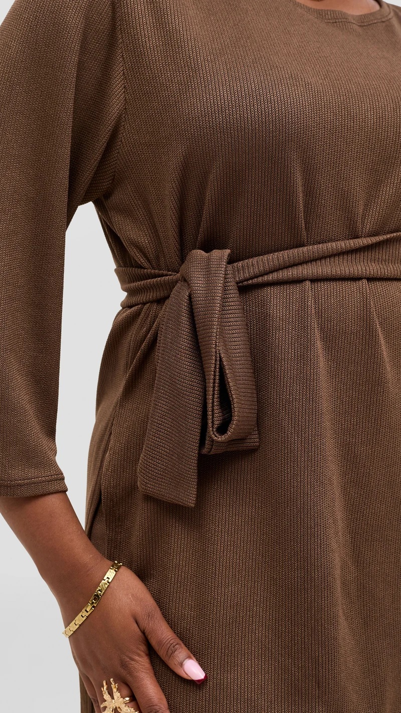 Vivo Rema 3/4 Sleeve Side Slit Tunic Top in Rib - Brown