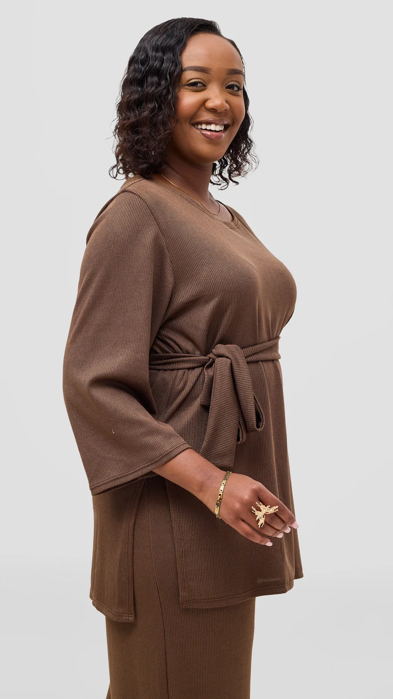 Vivo Rema 3/4 Sleeve Side Slit Tunic Top in Rib - Brown