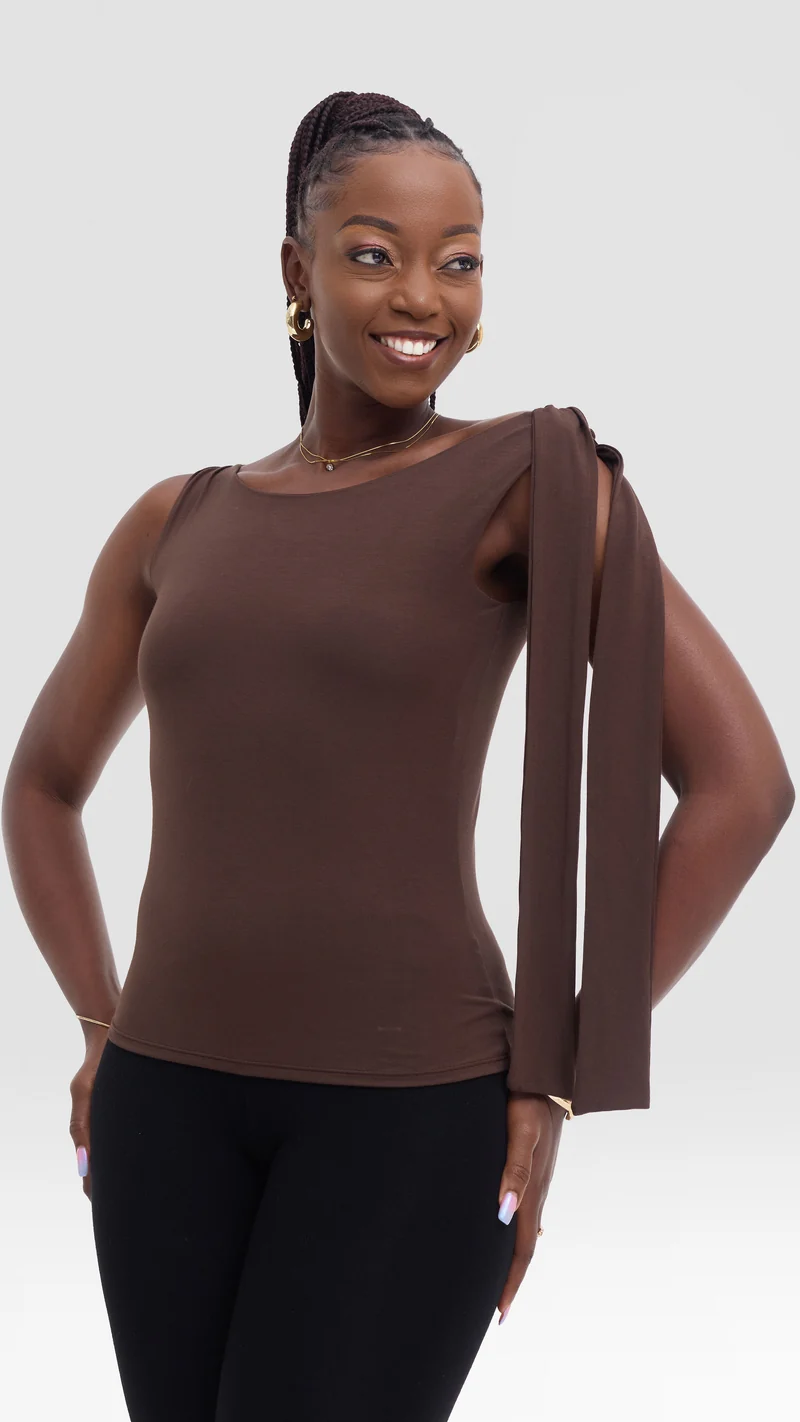 Vivo Studio Shoulder Tie Top in Jersey - Chocolate