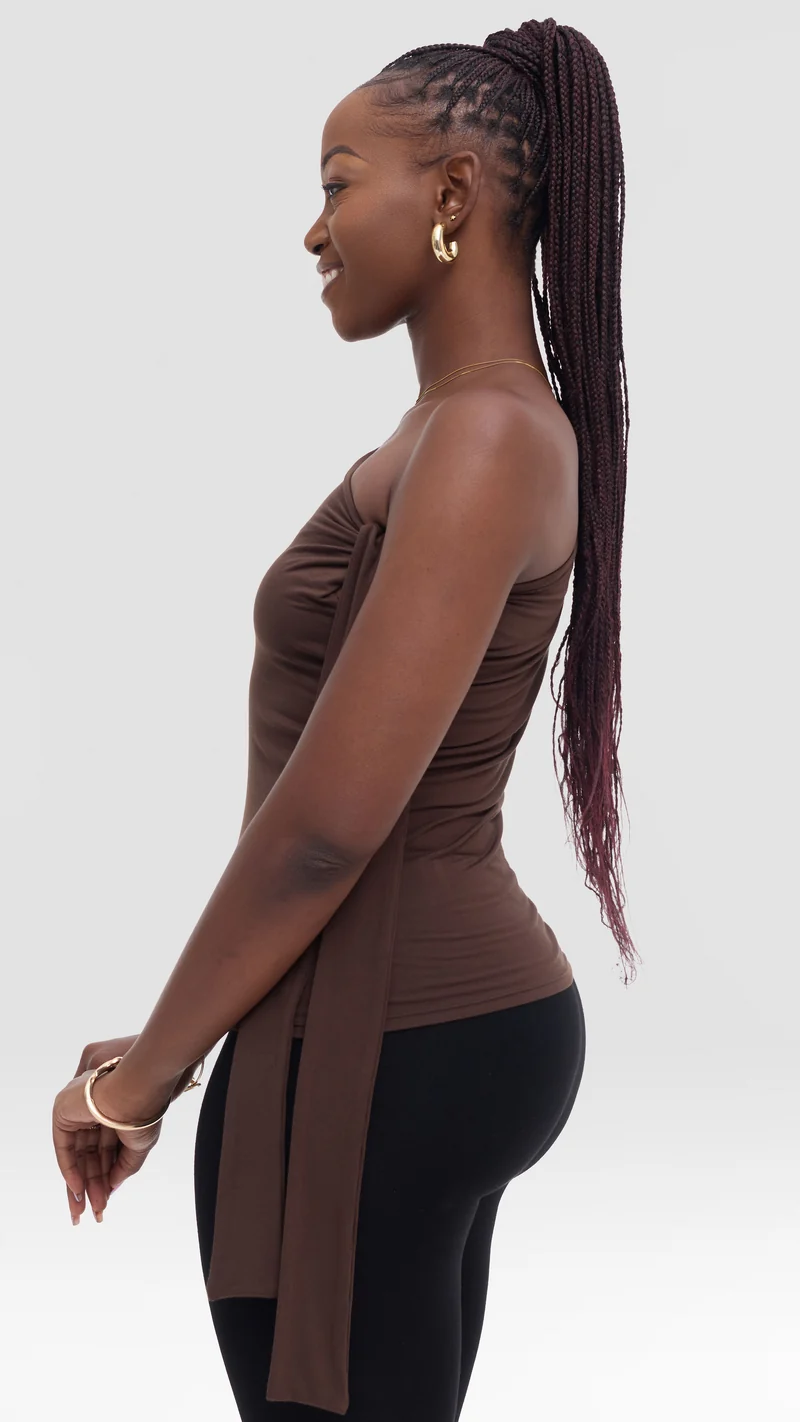Vivo Studio Shoulder Tie Top in Jersey - Chocolate