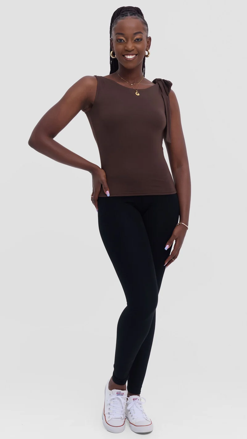 Vivo Studio Shoulder Tie Top in Jersey - Chocolate