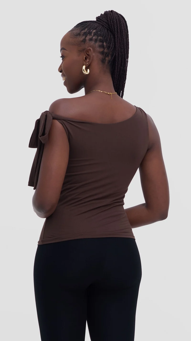 Vivo Studio Shoulder Tie Top in Jersey - Chocolate