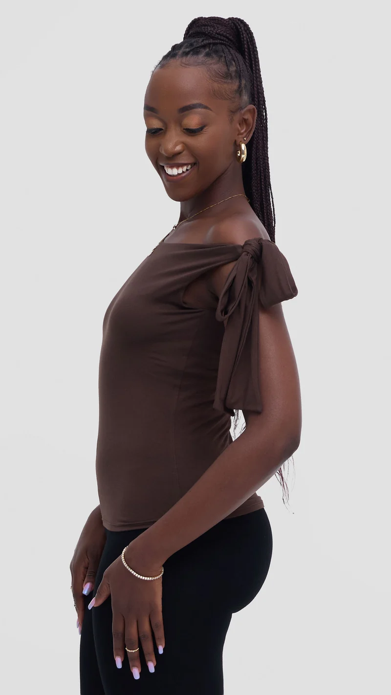 Vivo Studio Shoulder Tie Top in Jersey - Chocolate