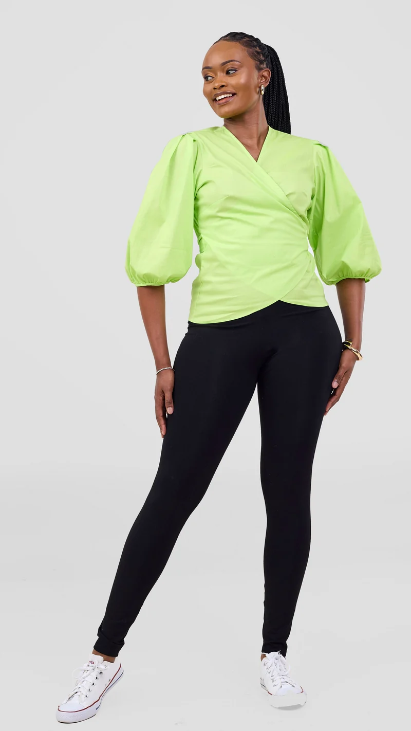 Vivo 3/4 Sleeve Wrap Top in Cotton - Lime Green