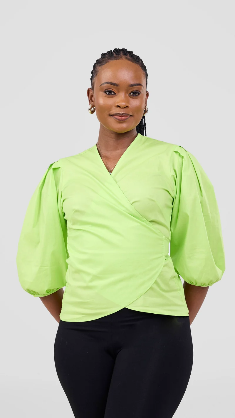 Vivo 3/4 Sleeve Wrap Top in Cotton - Lime Green