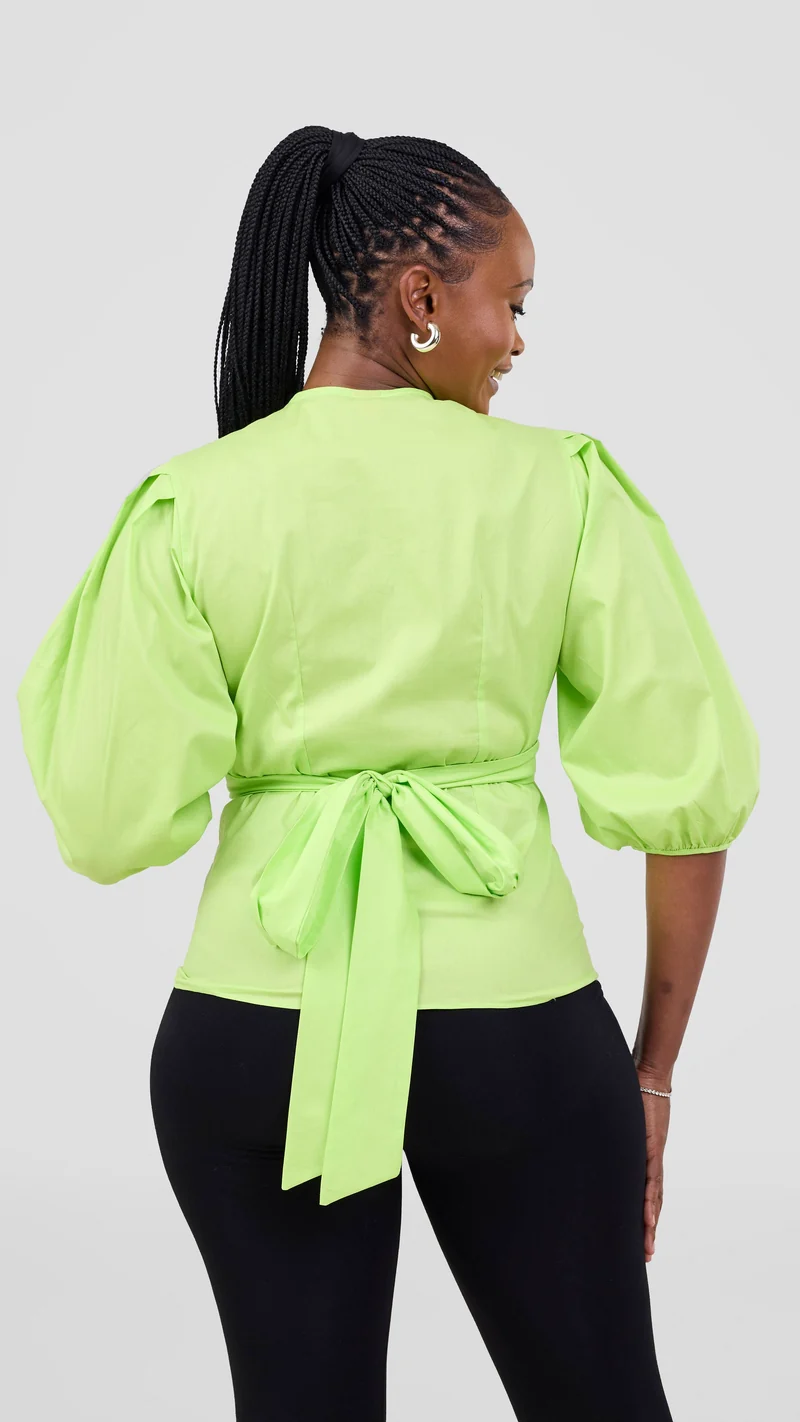 Vivo 3/4 Sleeve Wrap Top in Cotton - Lime Green