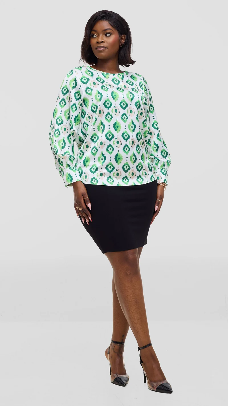 Vivo Tatili Bishop Long Sleeve Top In Satin - Green Multicolor