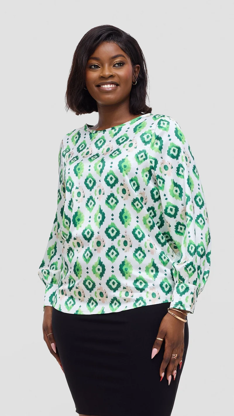 Vivo Tatili Bishop Long Sleeve Top In Satin - Green Multicolor
