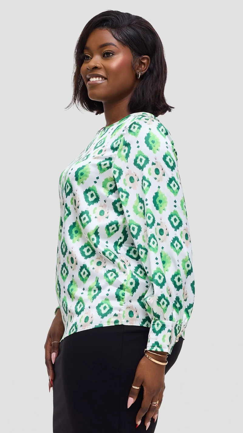 Vivo Tatili Bishop Long Sleeve Top In Satin - Green Multicolor