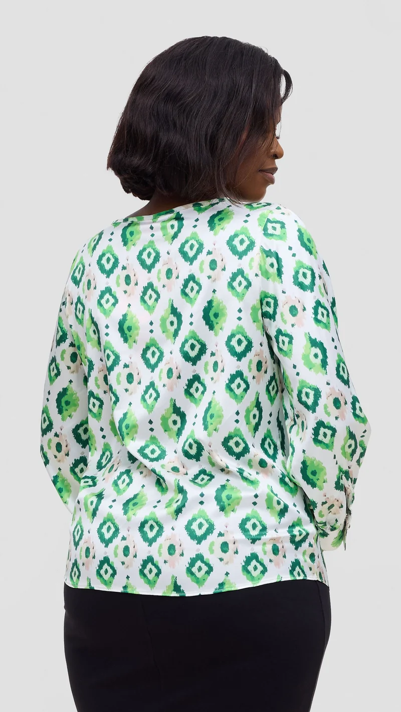Vivo Tatili Bishop Long Sleeve Top In Satin - Green Multicolor