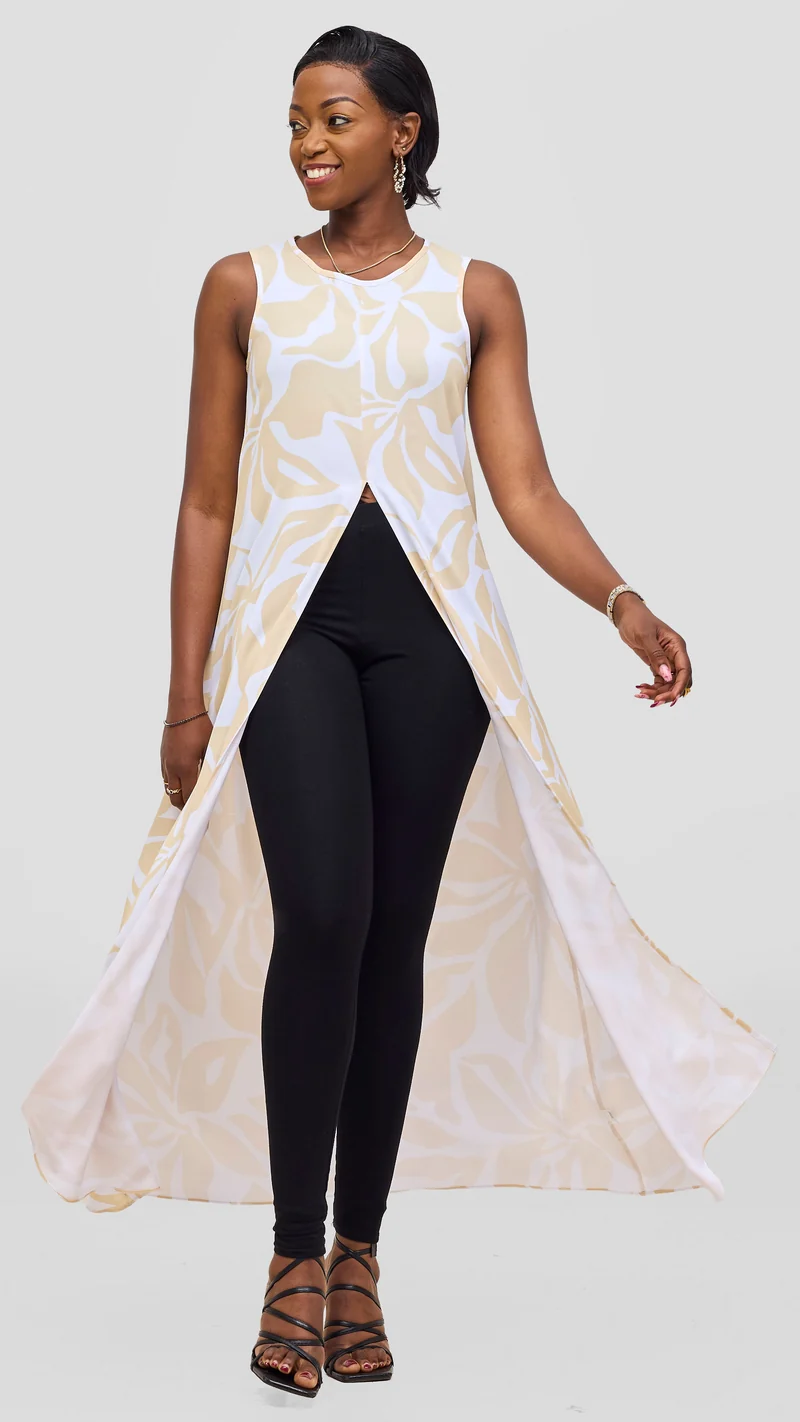 Vivo Talia Front Slit Maxi Top - White / Light Yellow Alia Print