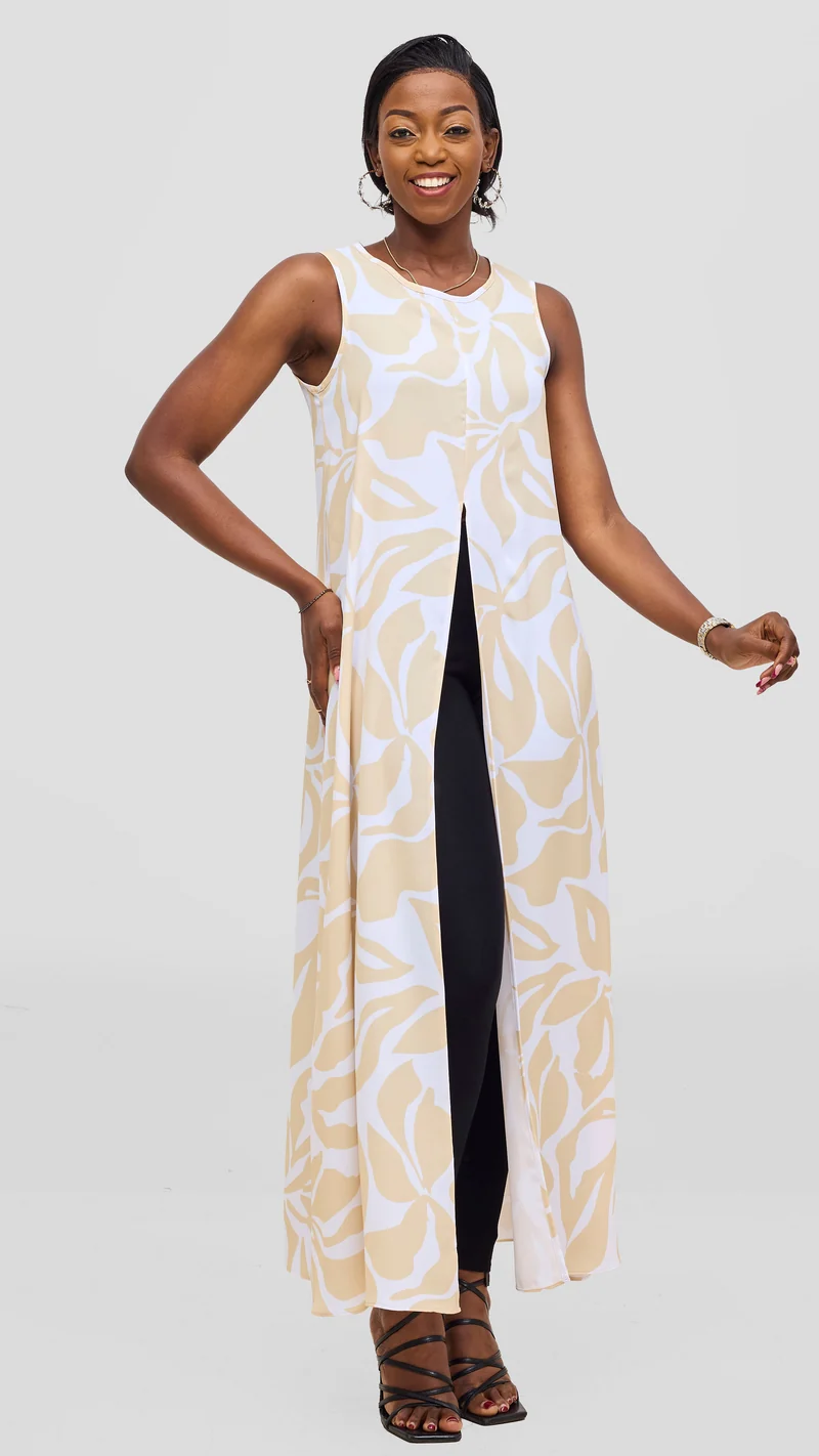 Vivo Talia Front Slit Maxi Top - White / Light Yellow Alia Print