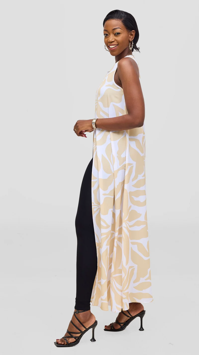 Vivo Talia Front Slit Maxi Top - White / Light Yellow Alia Print