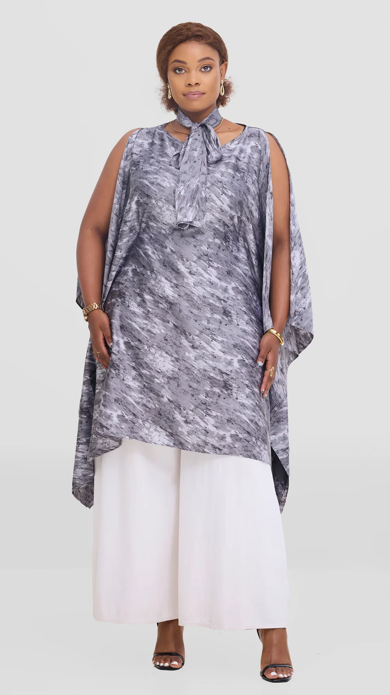 Vivo Knee Length Kaftan in Satin - Grey / White Print