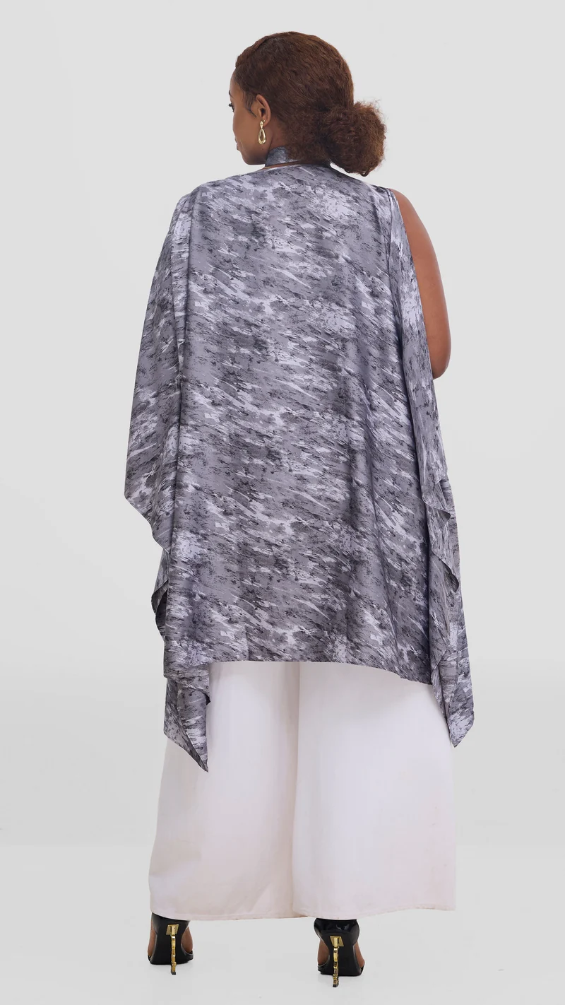 Vivo Knee Length Kaftan in Satin - Grey / White Print