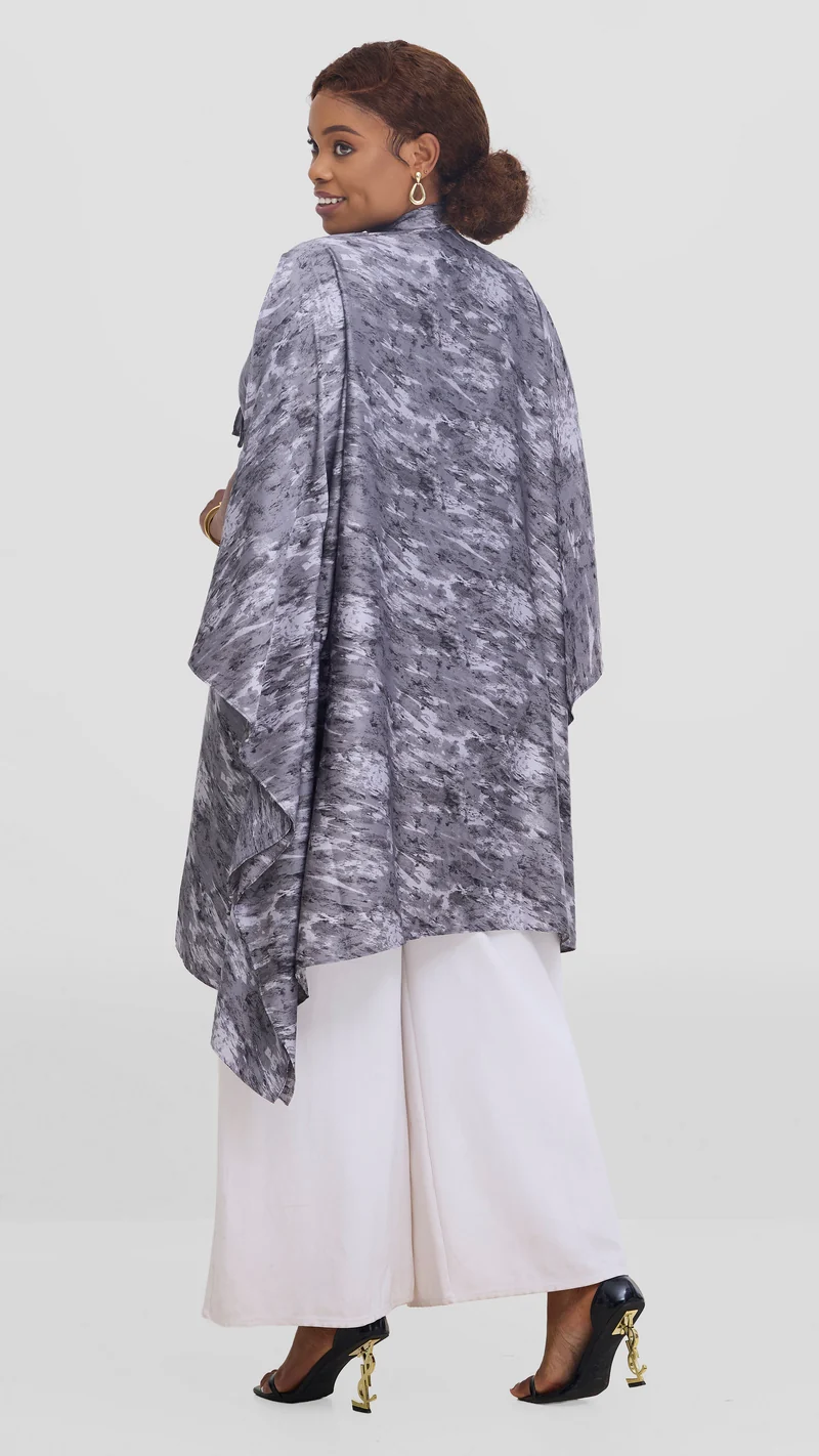 Vivo Knee Length Kaftan in Satin - Grey / White Print