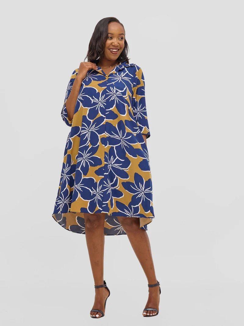 Vivo Reba Hi Low Dress - Navy / White Print